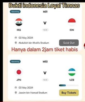 Tiket laga Timnas Indonesia vs Irak Perebutan Juara 3 Sold Oud Dalam Hitungan Jam