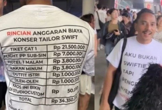 Viral Pria ini Kenakan Kaos Dengan Tulisan Rincian Biaya Nonton Konser Taylor Swift Bareng Istri